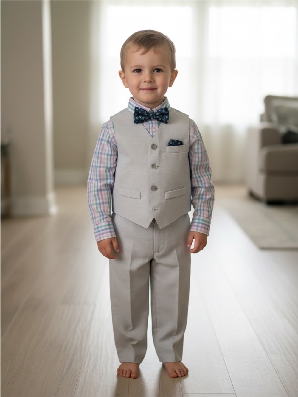 Nautica Light Gray Boys Dress Pants and Vest with Navy Bow Tie